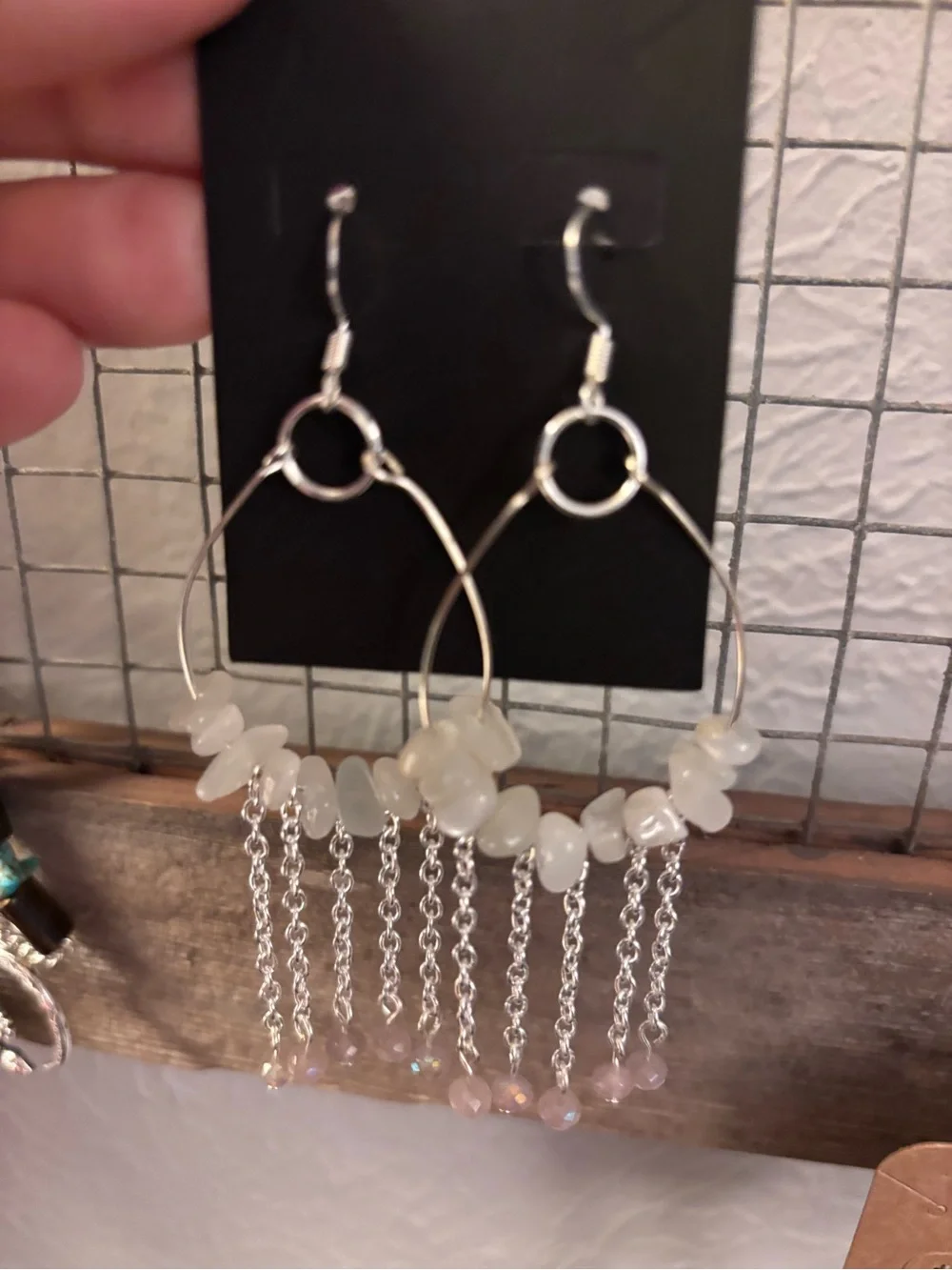 Moonstone Silver Hoop Drop Earrings with White Beads and Chain Fringe